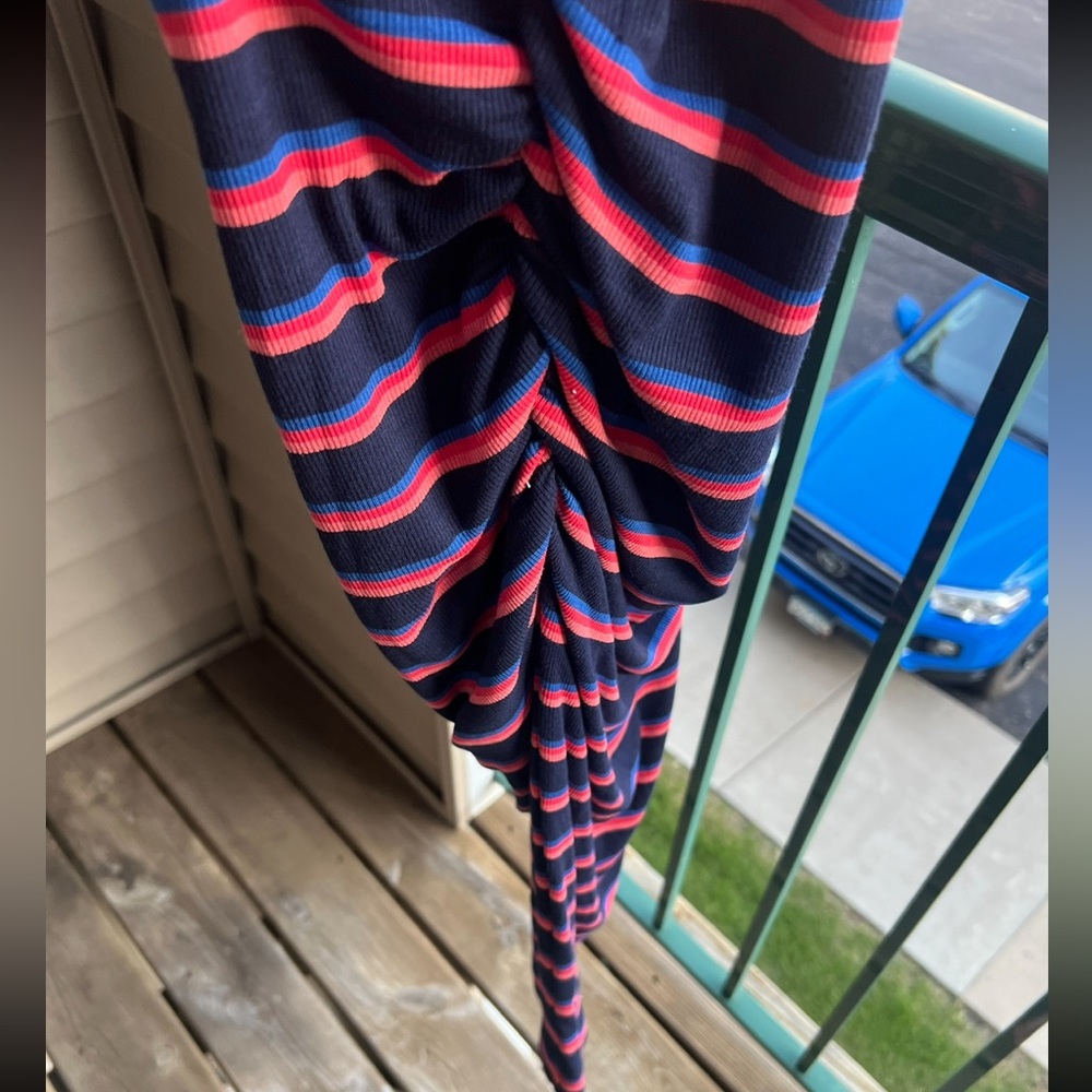 🆕 Michael Stars Navy Red Striped Tank Midi Dress Ruched Side Bodycon Size S - Picture 7 of 12